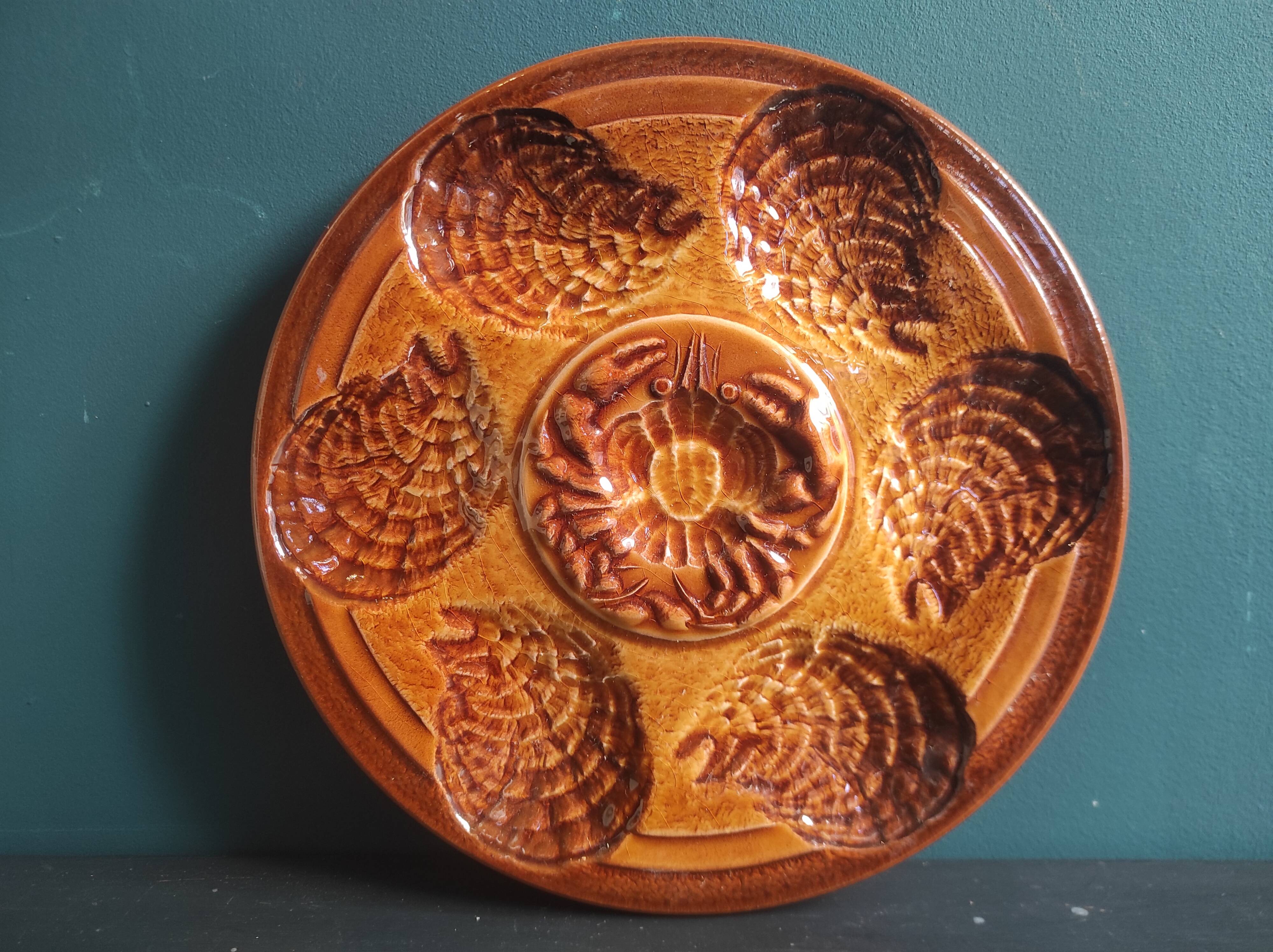 Vintage French oyster plate in Majolica from Sarreguemines