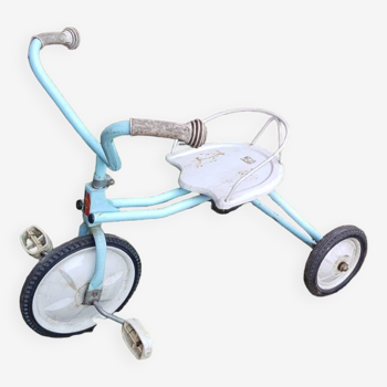 Ancien tricycle enfant jouet métal bleu & blanc années 70 vintage