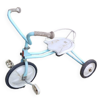 Ancien tricycle enfant jouet métal bleu & blanc années 70 vintage