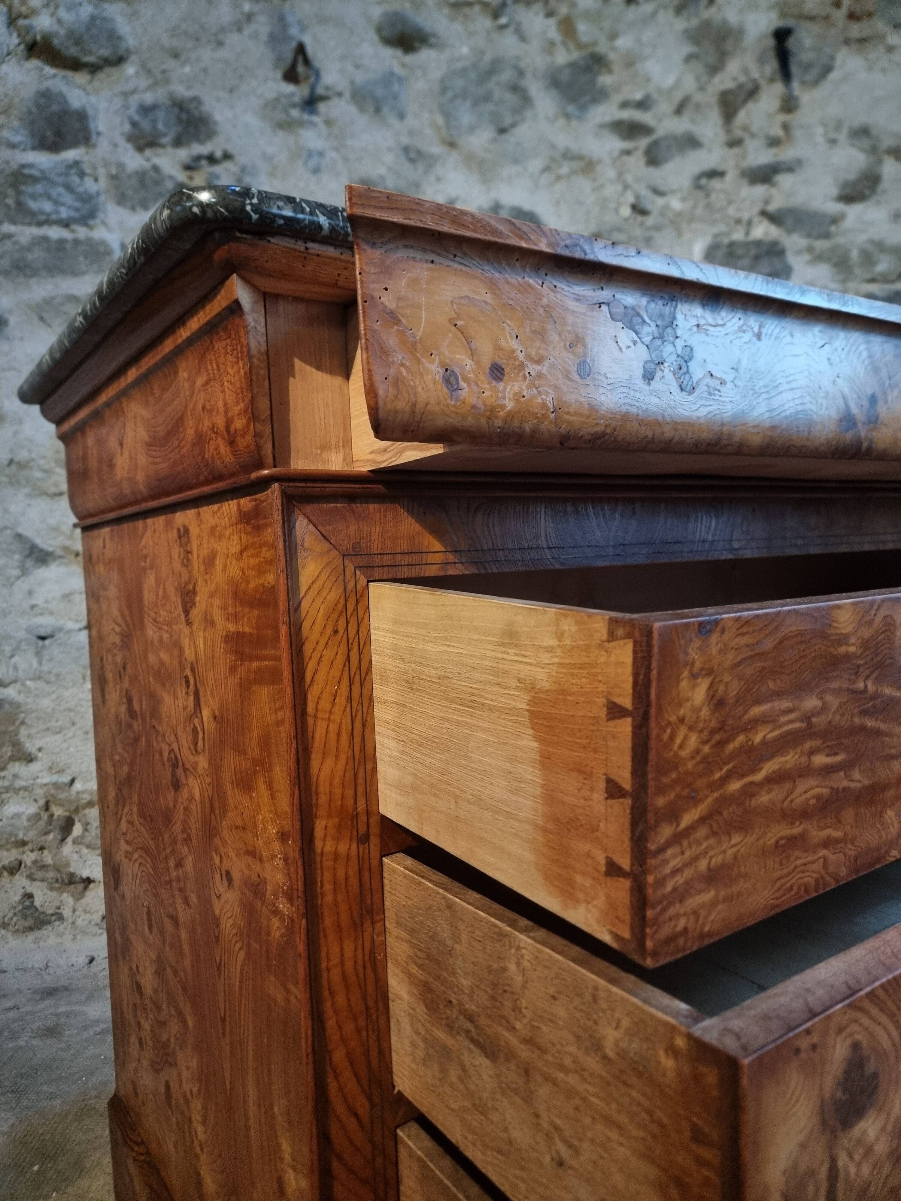 Antique French commode in elm with a marble top, 19th century (circa 1850–1880)
