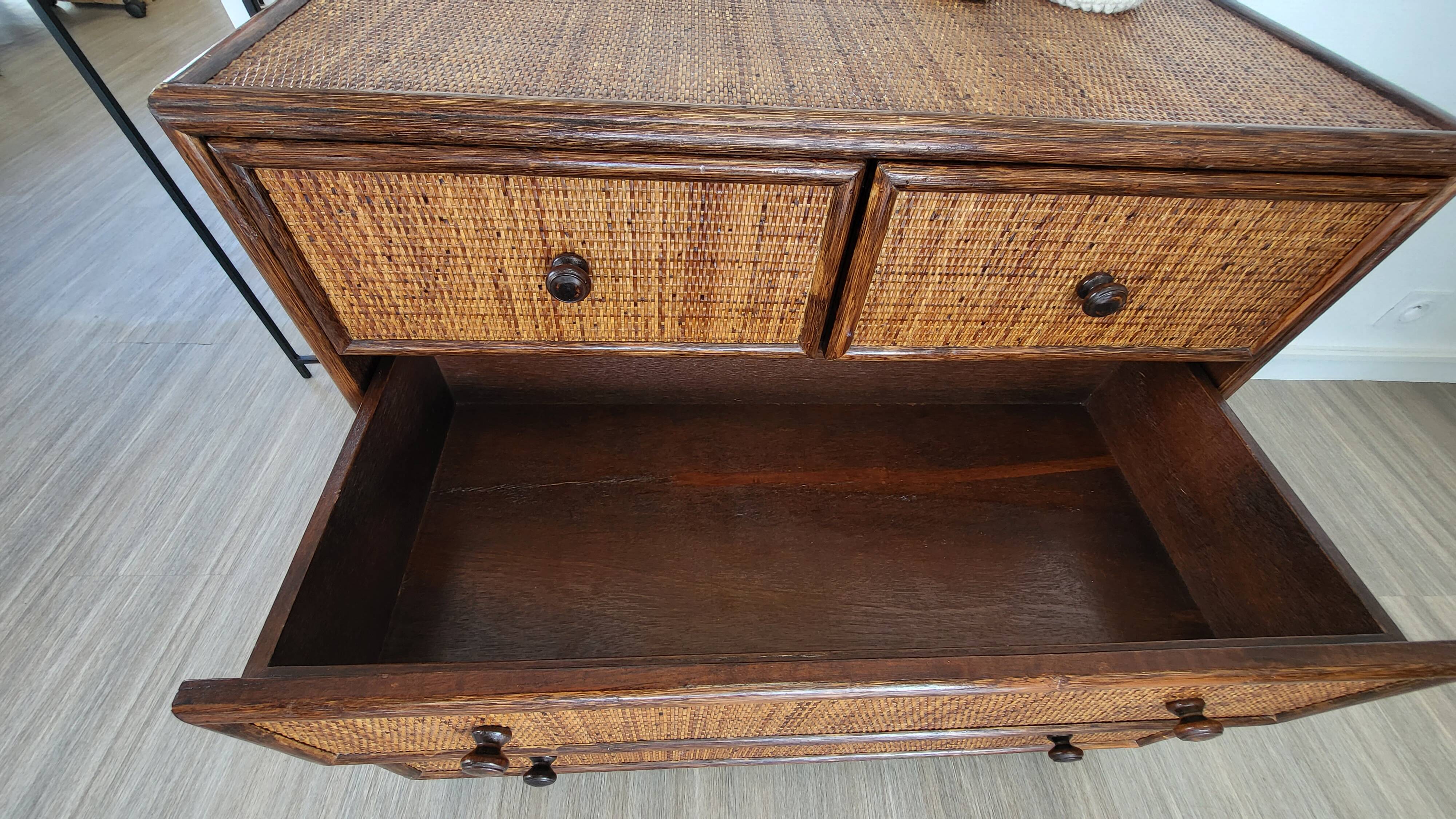 Rattan and solid wood chest of drawers
