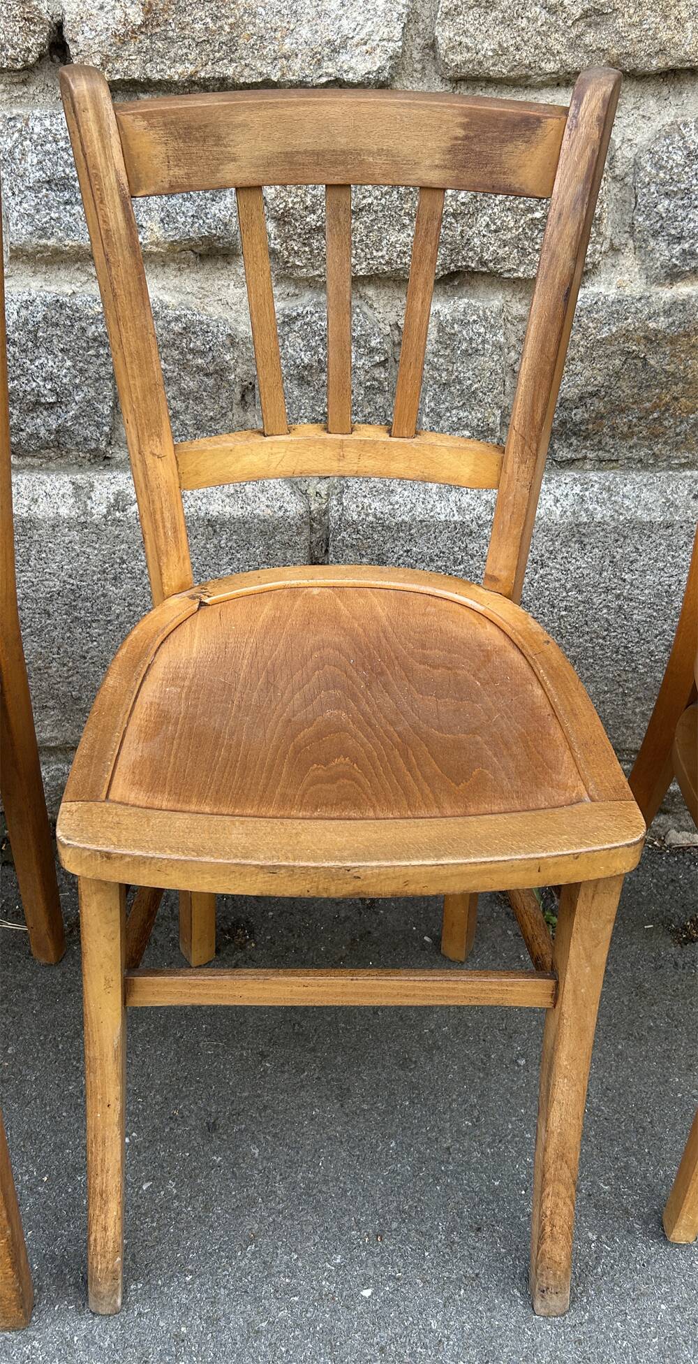 Set of 5 mismatched vintage blond wood bistro chairs
