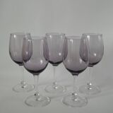 Set of 5 70s purple bubbled glass wine glasses