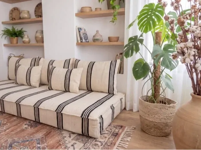 Set of striped Moroccan floor cushions handwoven.