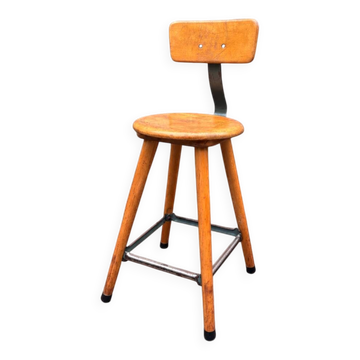 Tabouret d'atelier industriel vintage en bois, années 1950