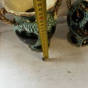 Pair of Vallauris vases in turquoise and black ceramic enhanced with o