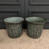 Pair of planters from the 60s with antique decor, green background