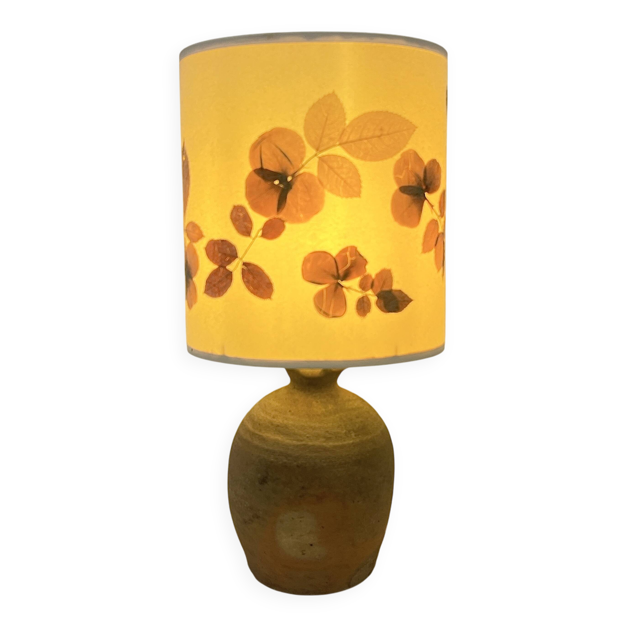 Vintage brutalist stoneware ceramic lamp base with dried flower shade