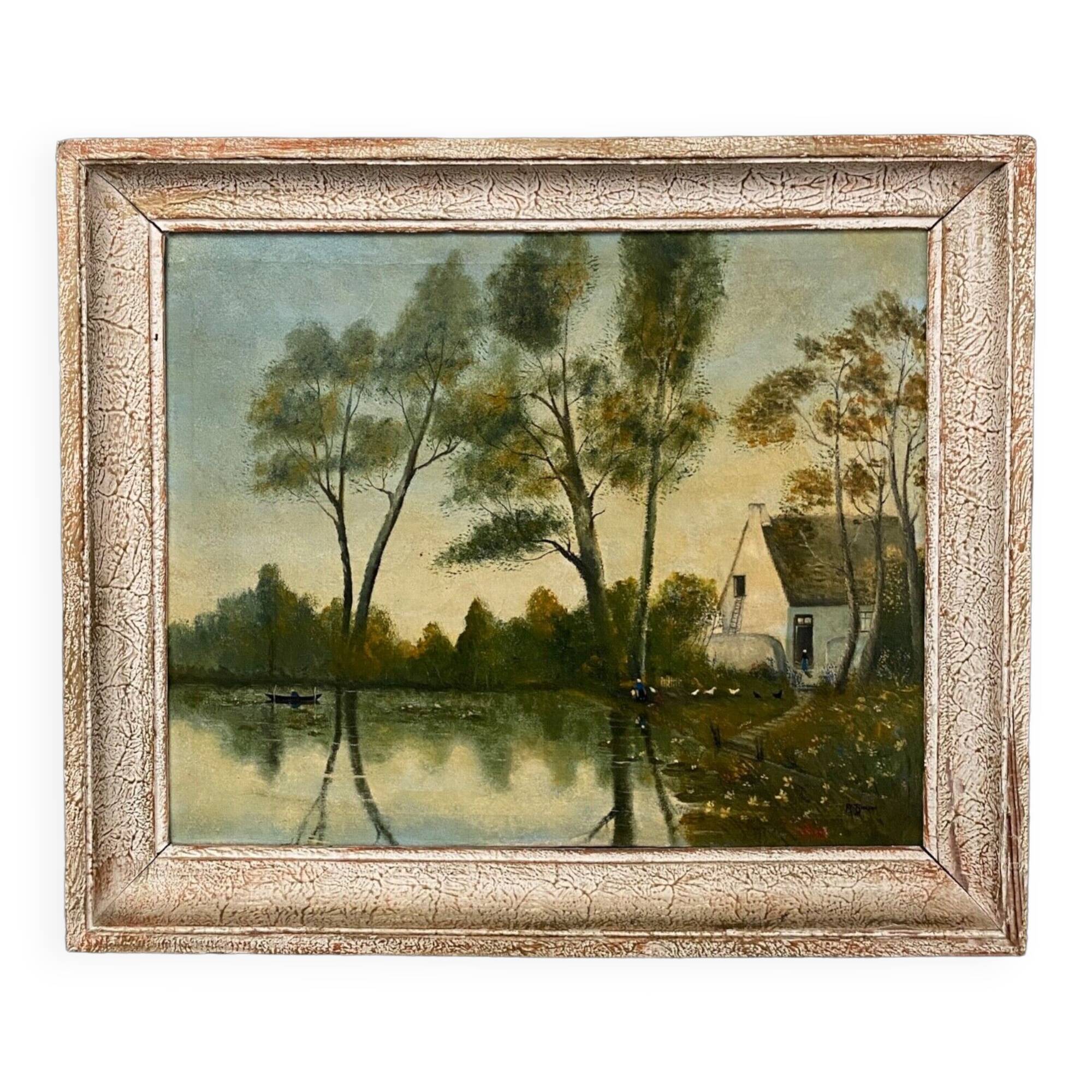 Oil on canvas by A. Biron XXth landscape by the river thatched cottage