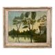 Oil on canvas by A. Biron XXth landscape by the river thatched cottage
