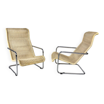 Lot de 2 chaises longues en osier tissées, années 1980