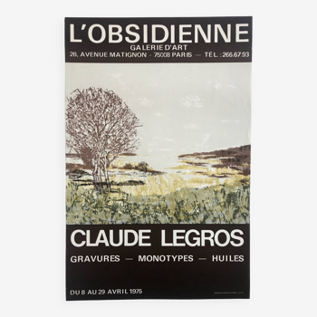 Claude legros, galerie l'obsidienne, 1975. affiche originale en lithographie