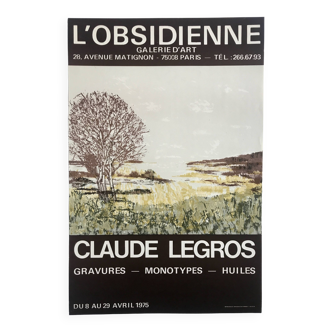 Claude legros, galerie l'obsidienne, 1975. affiche originale en lithographie