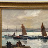 Huile sur carton par Paul Morchain scene de port en Bretagne XXe