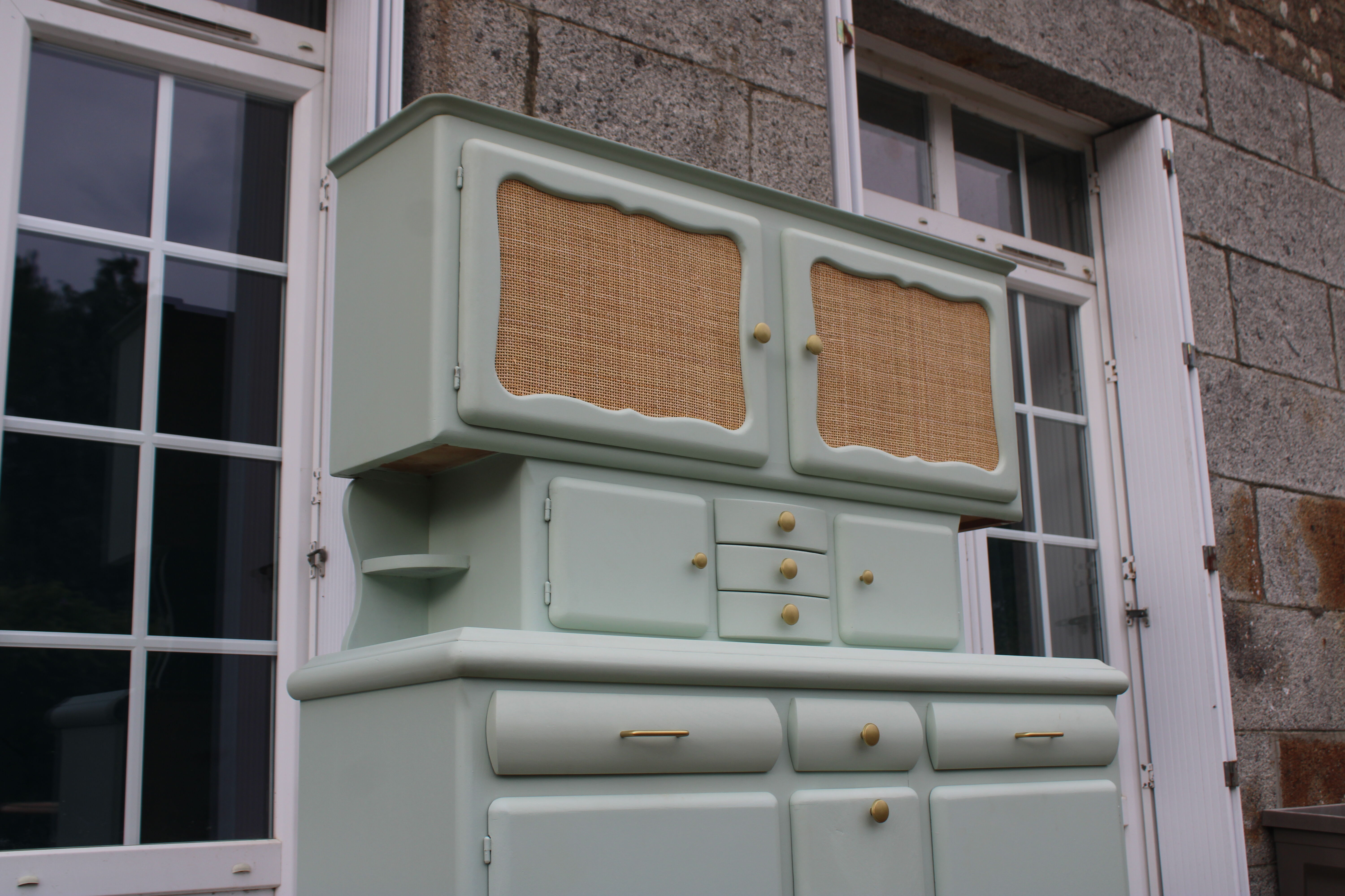 Renovated vintage Mado sideboard – Celadon green & natural cane