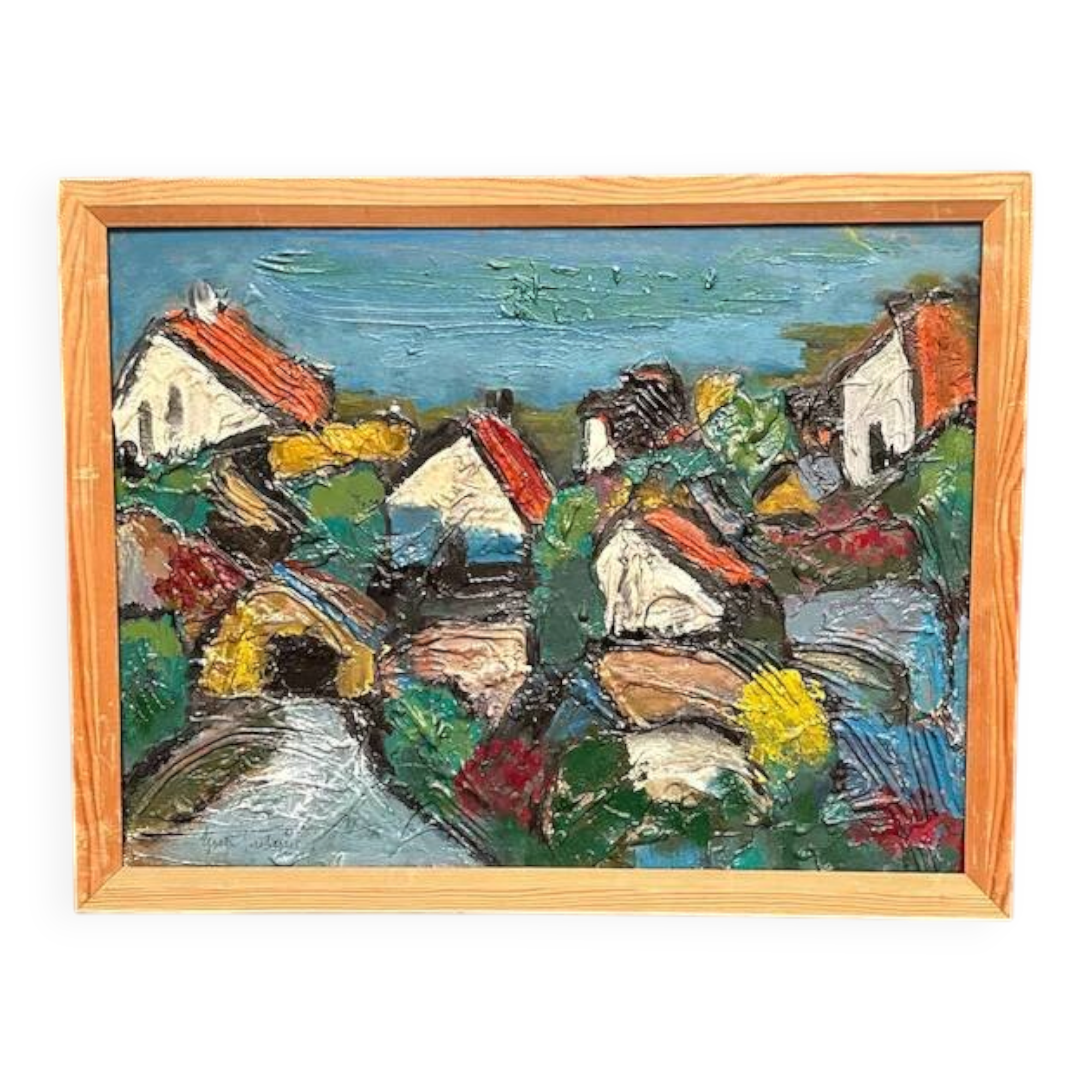 Original Swedish Oil on Panel – "Village Scene (Thick Impasto)" – Signed – Vintage and Framed