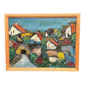 Original Swedish Oil on Panel – "Village Scene (Thick Impasto)" – Signed – Vintage and Framed