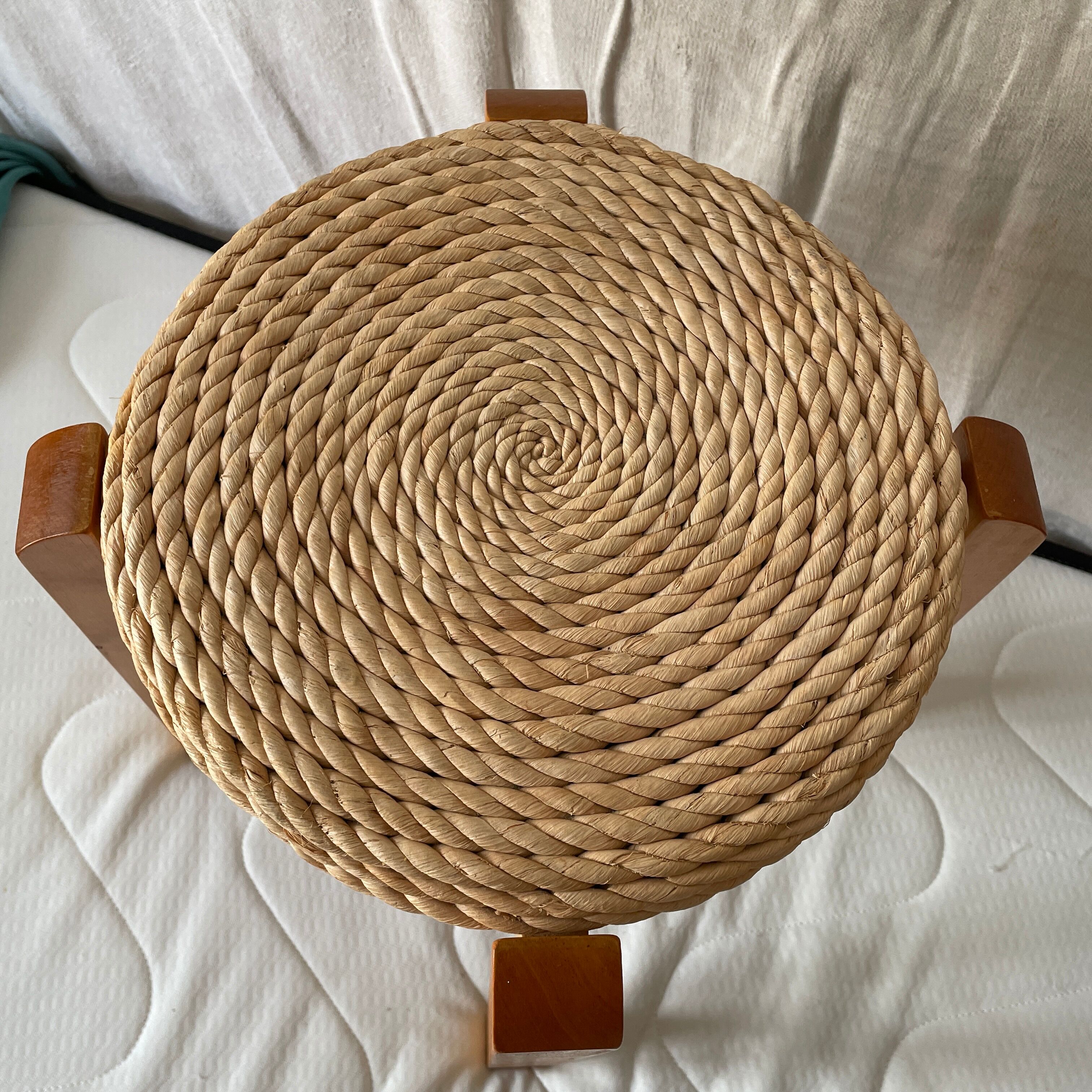 Tabouret design scandinave bois et corde 1970