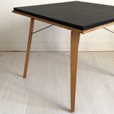 Folding Coffee Table "PLIDEAL" Beech & Black Faux Leather 50s Vintage