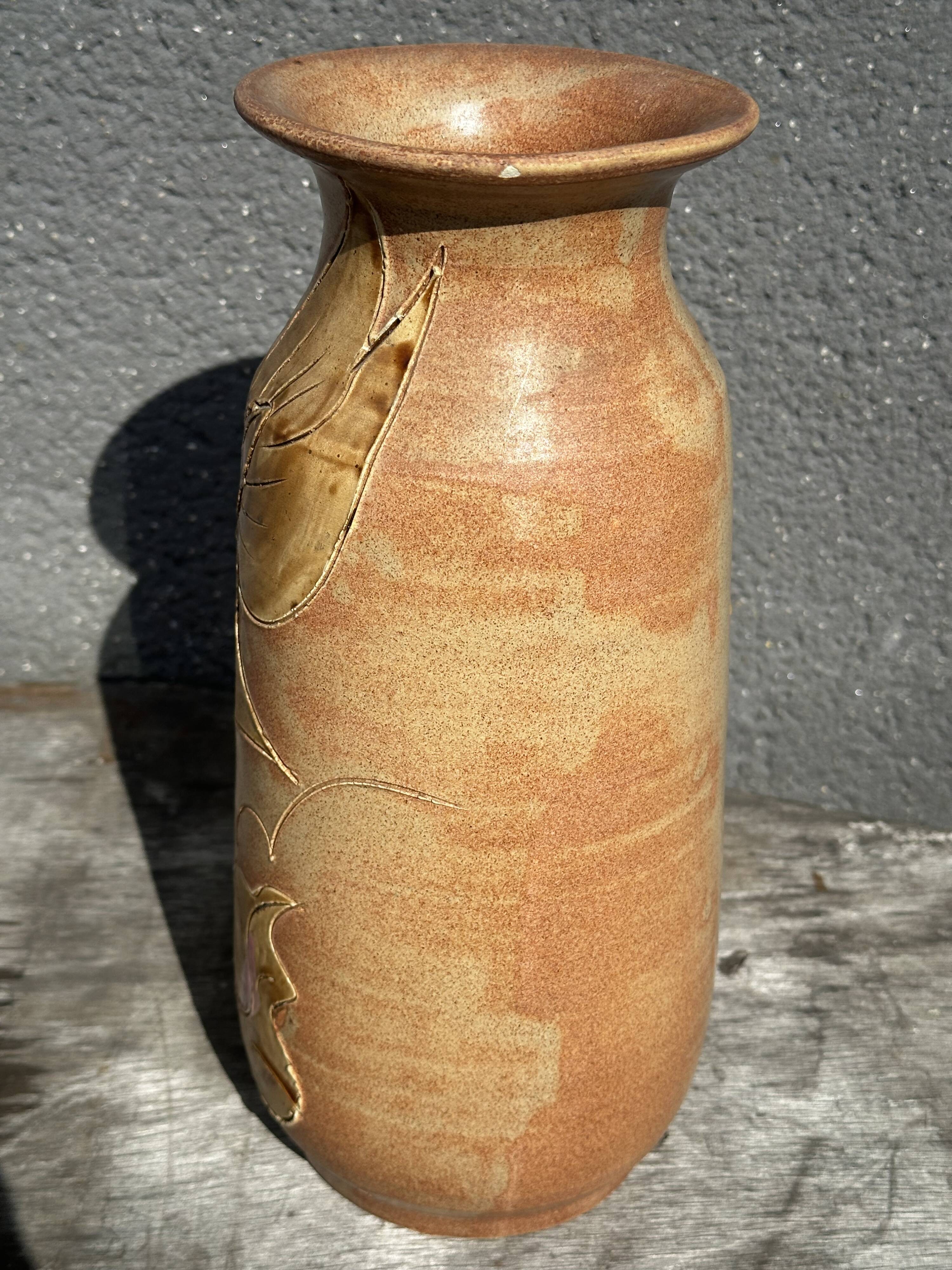 Vintage 1950s ceramic vase with floral decoration - signed Vallauris H 20 cm