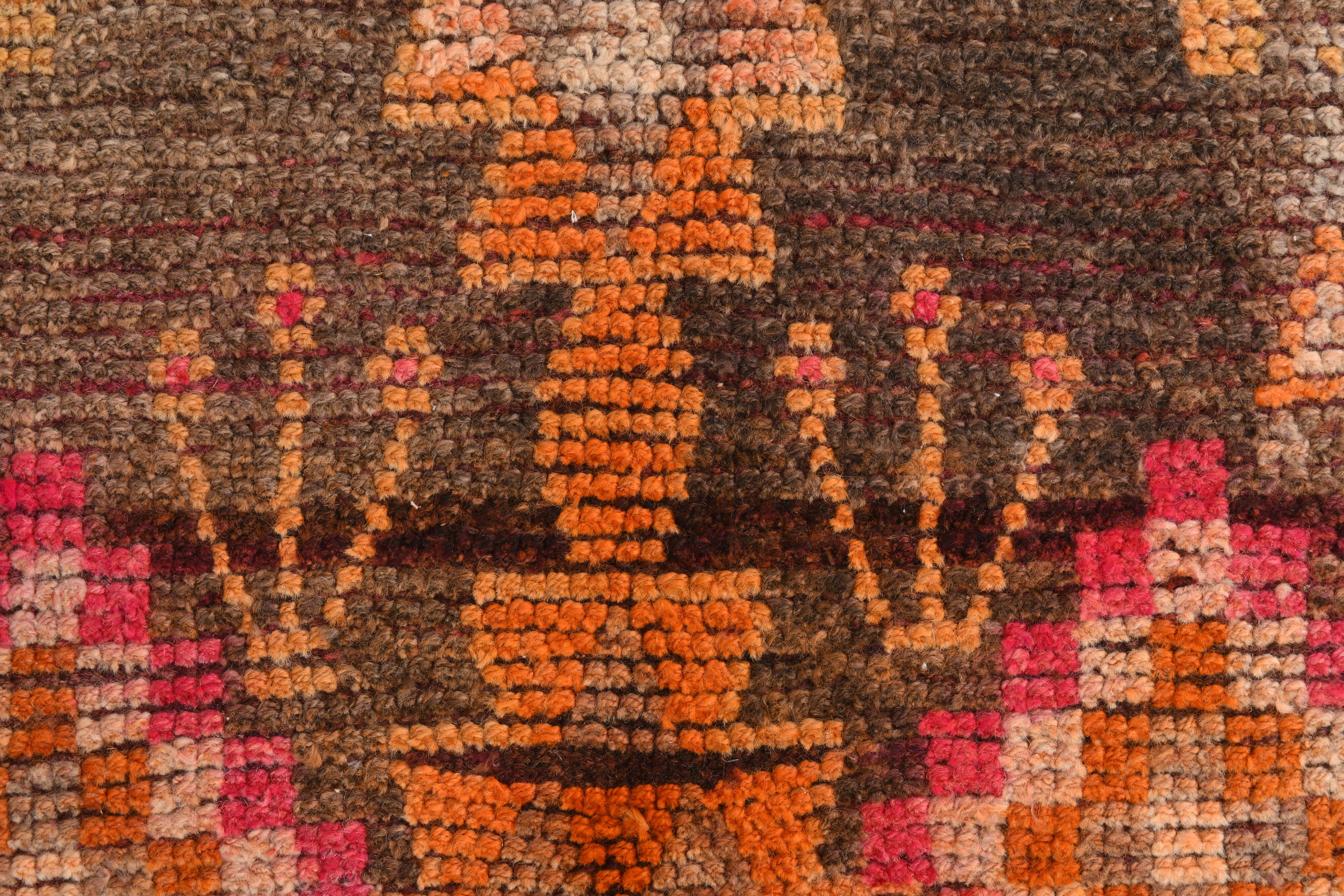 3x7 Brown Hot Pink Turkish Vintage Runner Rug, 92x227Cm