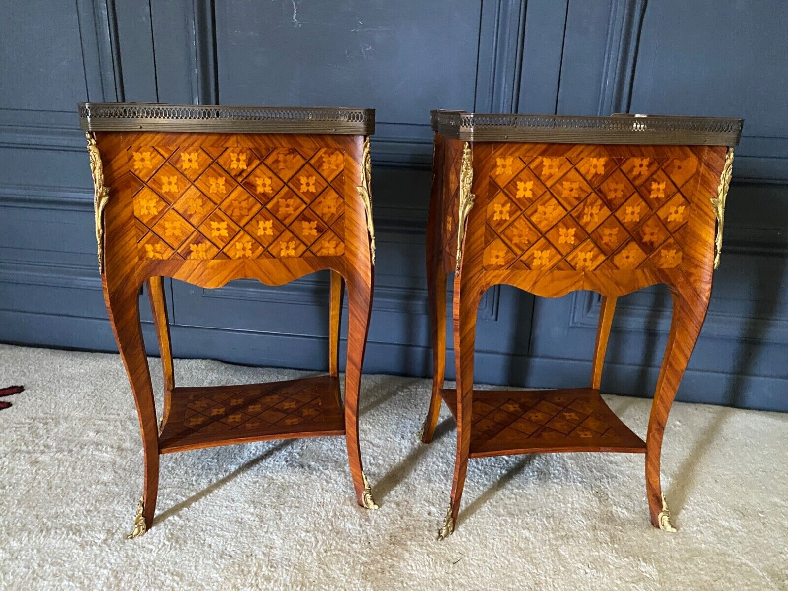 Pair of bedside tables Louis XV style marquetry with shamrocks and XXth bronze
