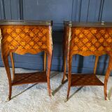 Pair of bedside tables Louis XV style marquetry with shamrocks and XXth bronze