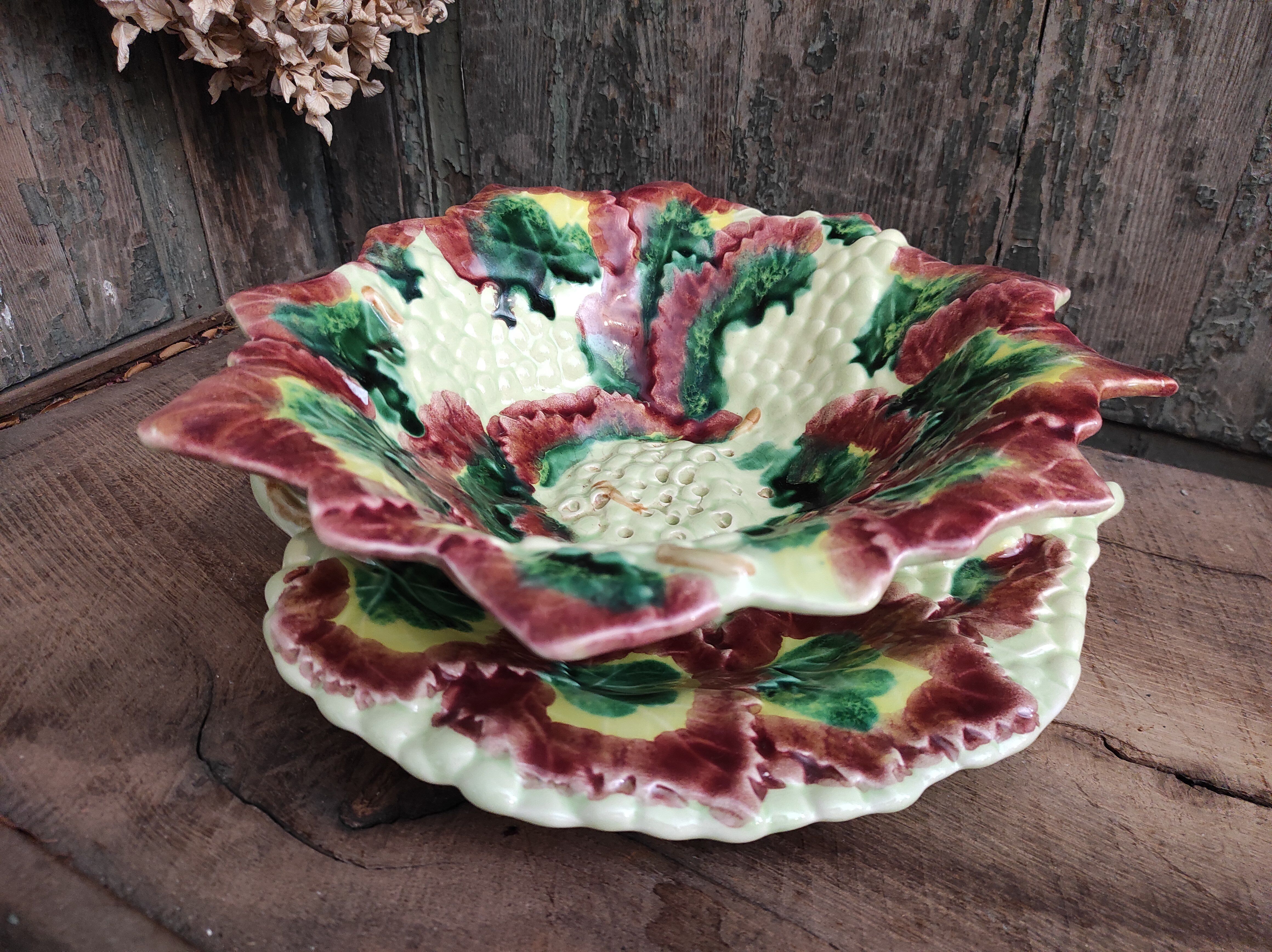 Vintage french majolica serving bowl for grapes