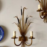 Pair of 2-light reed wall lights in gold and black metal