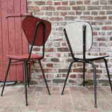 Pair of metal chairs vinyl red and white speckled black, Cimca brand