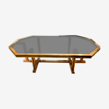 Octagonal brass dining room table or desk with glass top, Maison Jansen