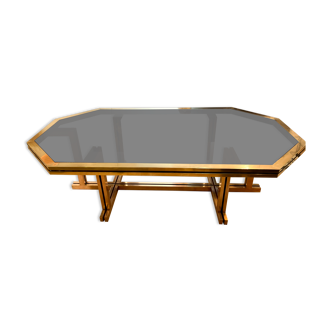 Octagonal brass dining room table or desk with glass top, Maison Jansen