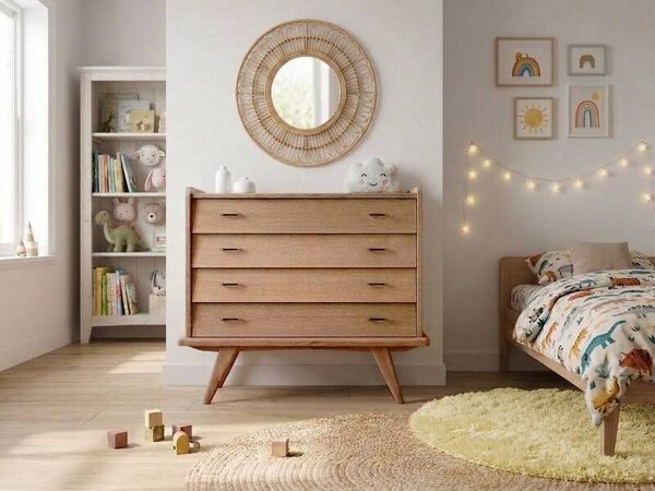 Commode vintage rénovée années 1960 en chêne profil incliné pieds compas