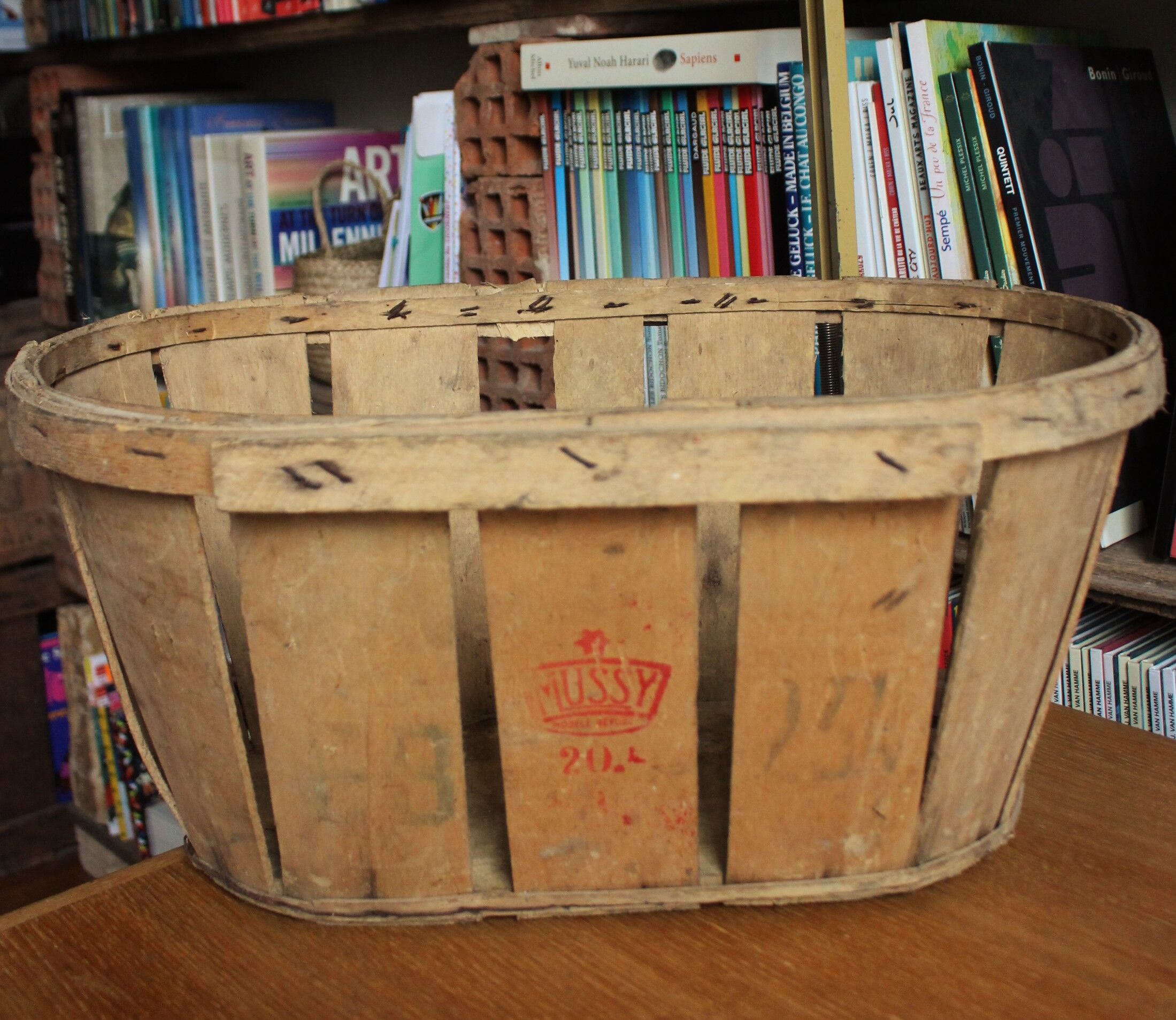 Wooden crate with slats strapping stamp mussy red storage