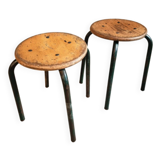 Pair of Vintage French Industrial Workshop Stools – Green Tubular Steel Frame with Beech Plywood Seat – 1950s – Stackable
