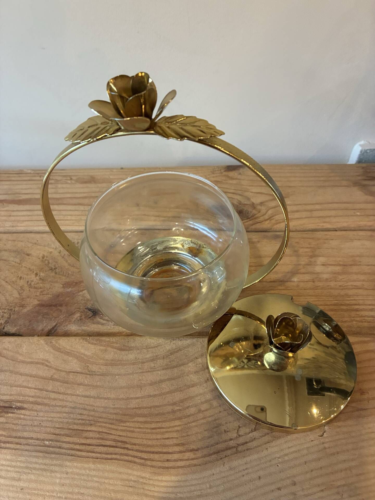 Vintage glass & gilded brass sweet jar / bonbonnière – Rose decor