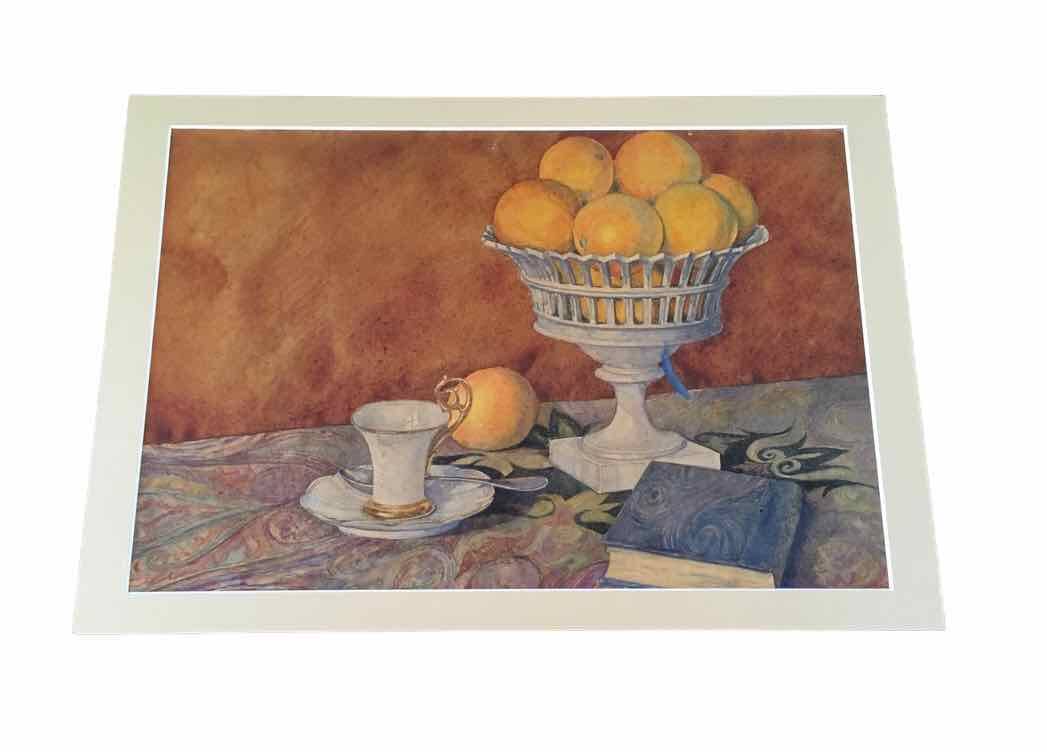 Old watercolor painting with oranges