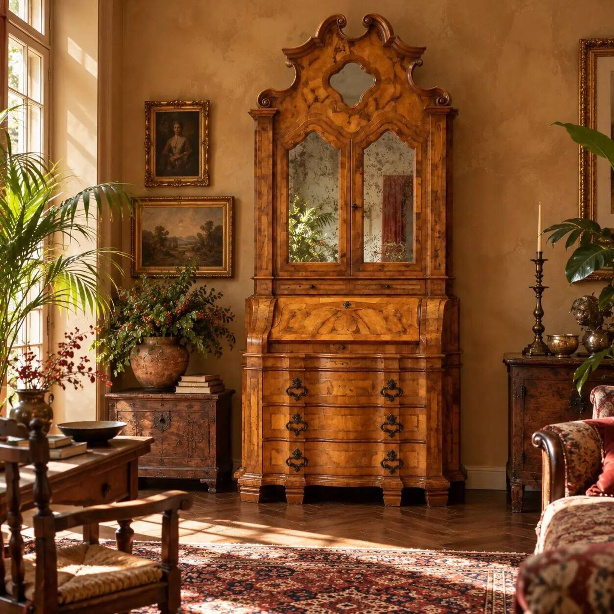 Antique trumeau in walnut and walnut burl, Italy, early 20th century.