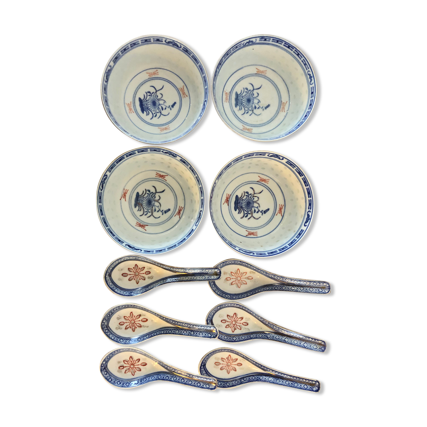 4 rice bowls "grains of rice" and 6 porcelain spoons