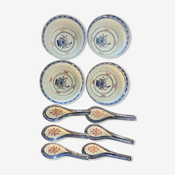 4 rice bowls "grains of rice" and 6 porcelain spoons