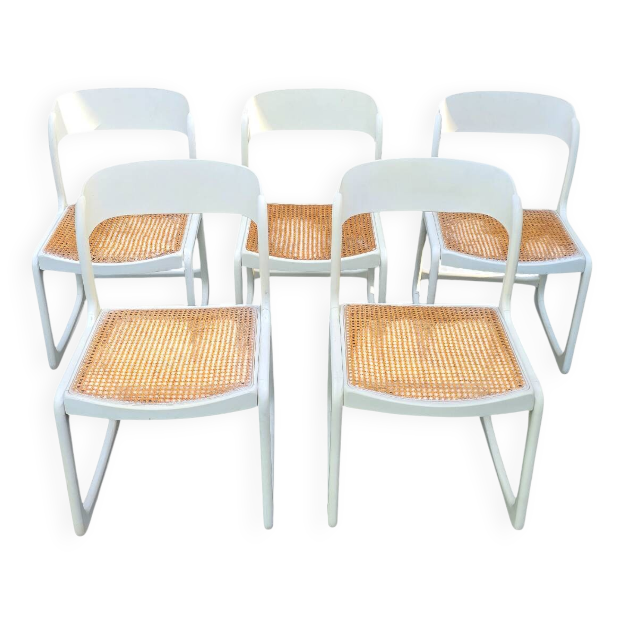 Set of 5 white Baumann "Sleigh" chairs