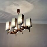 Brutalist chandelier in teak and art glass, Italy, 1960s