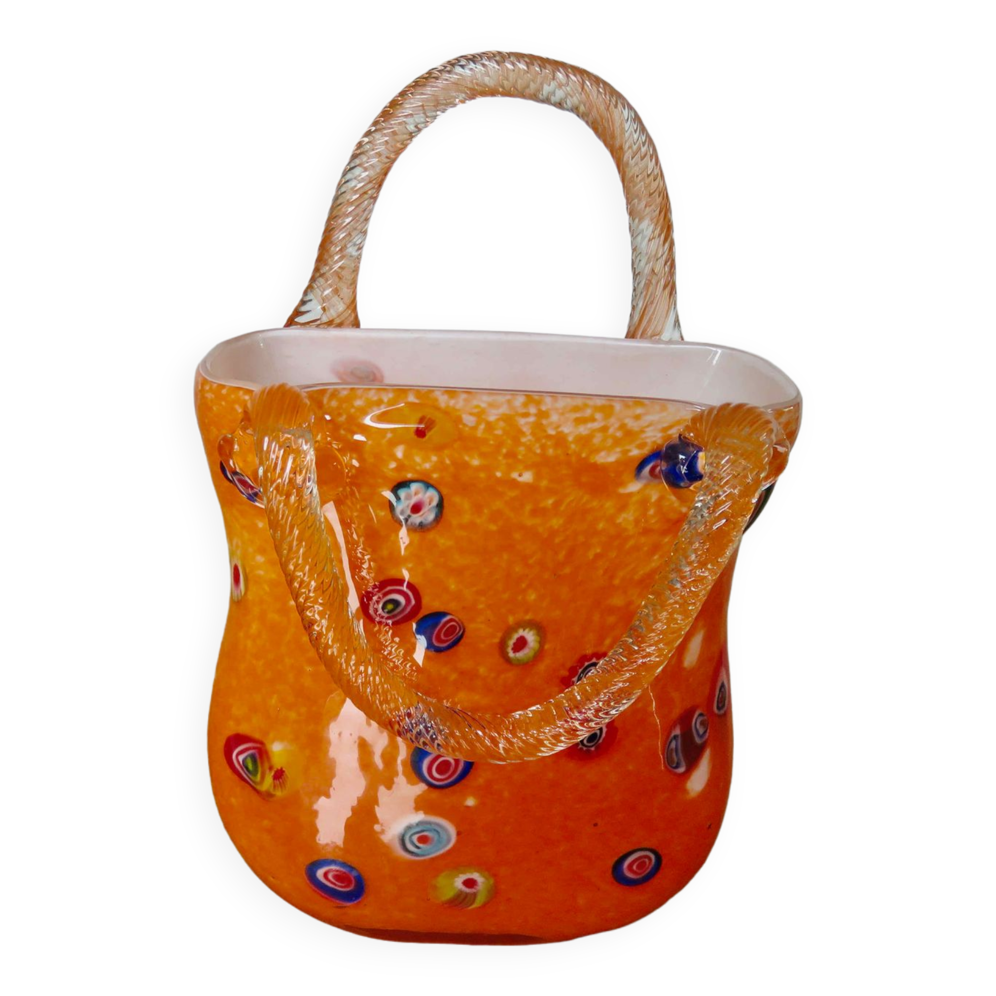 Vase "handbag" in orange Murano glass 60s 70s