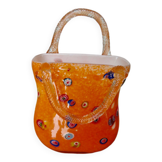 Vase "handbag" in orange Murano glass 60s 70s