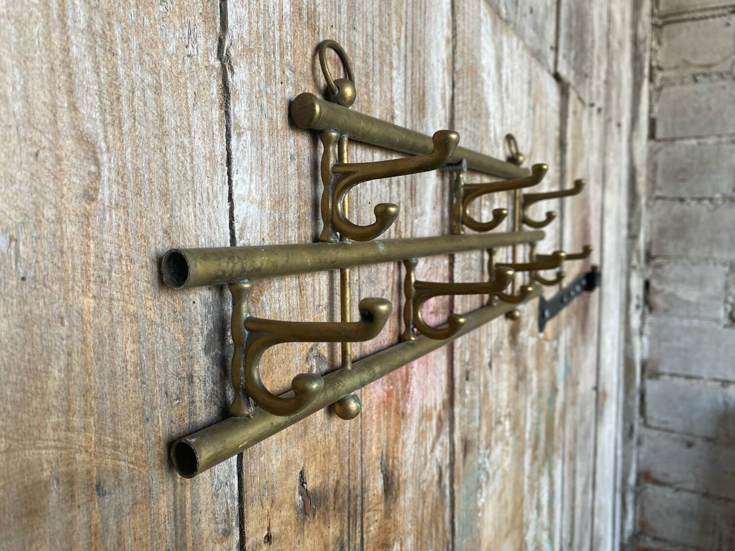 Vintage Wall Coat Rack Brass 7 Foldable Hooks #D748