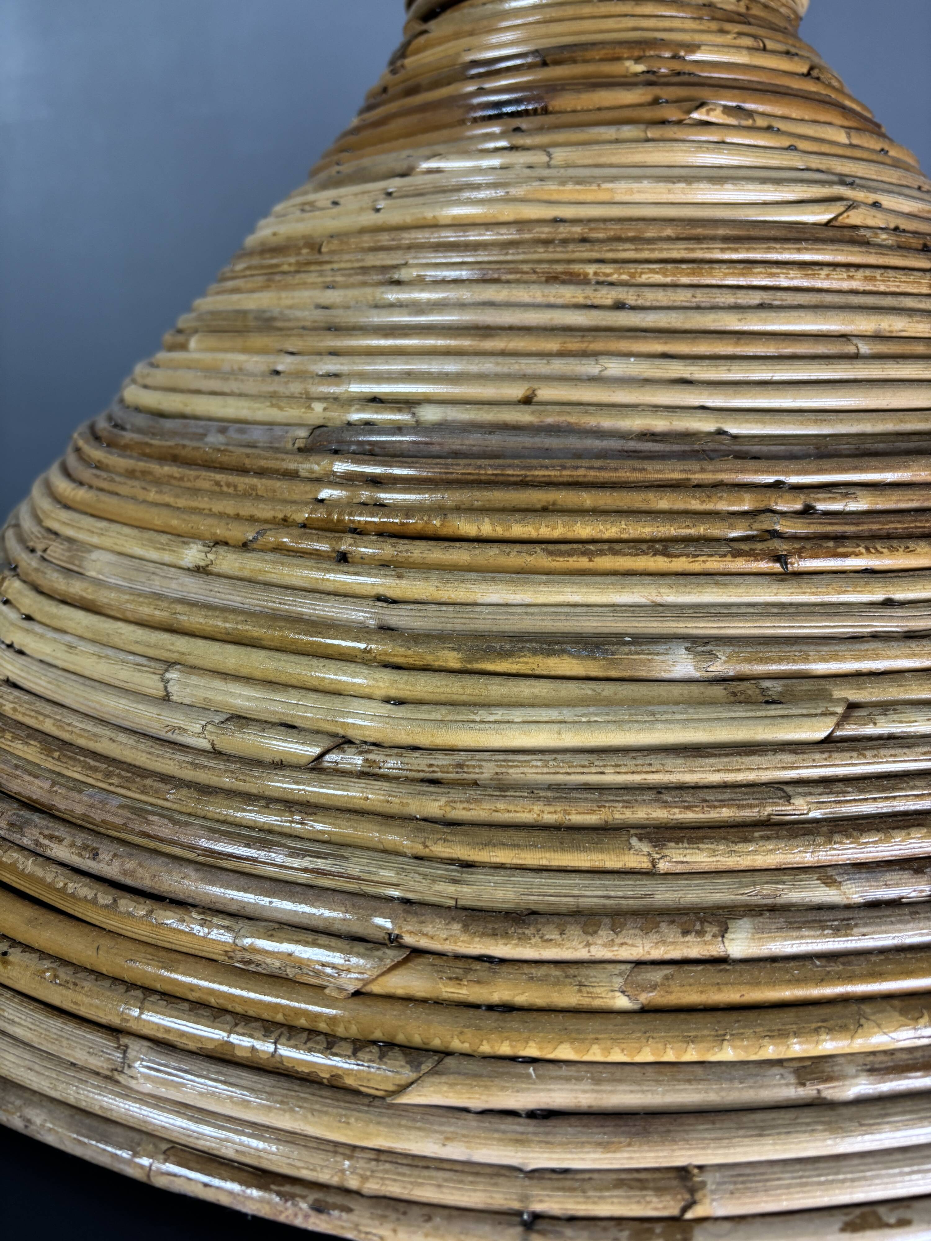 Midcentury pair pencil rattan large ( 62 cm ) pendants, Italy 1970s