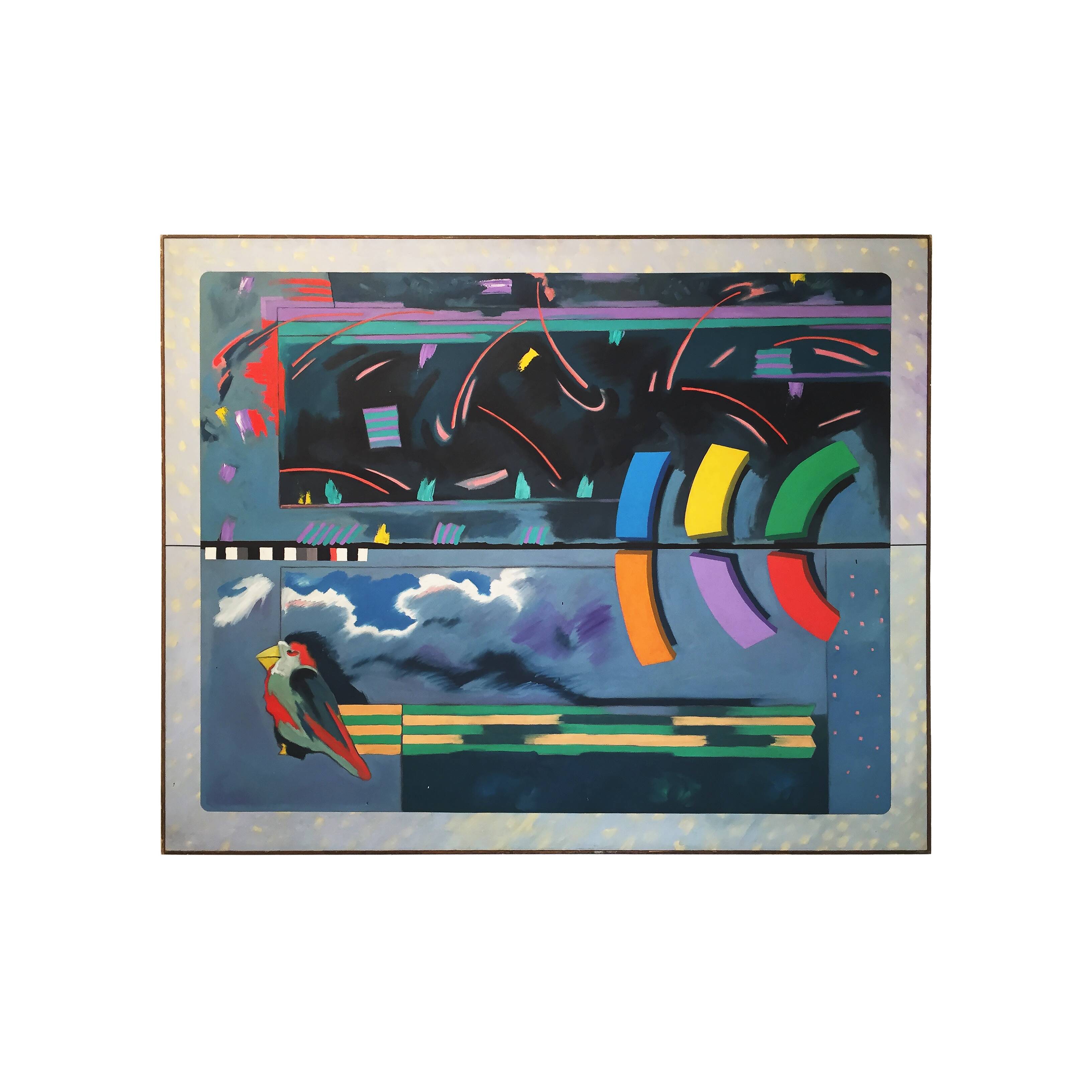 Richard Frank 'Wise Bird Strategy' Painting, Oil On Canvas 1980 Exotic Postmodern Miami