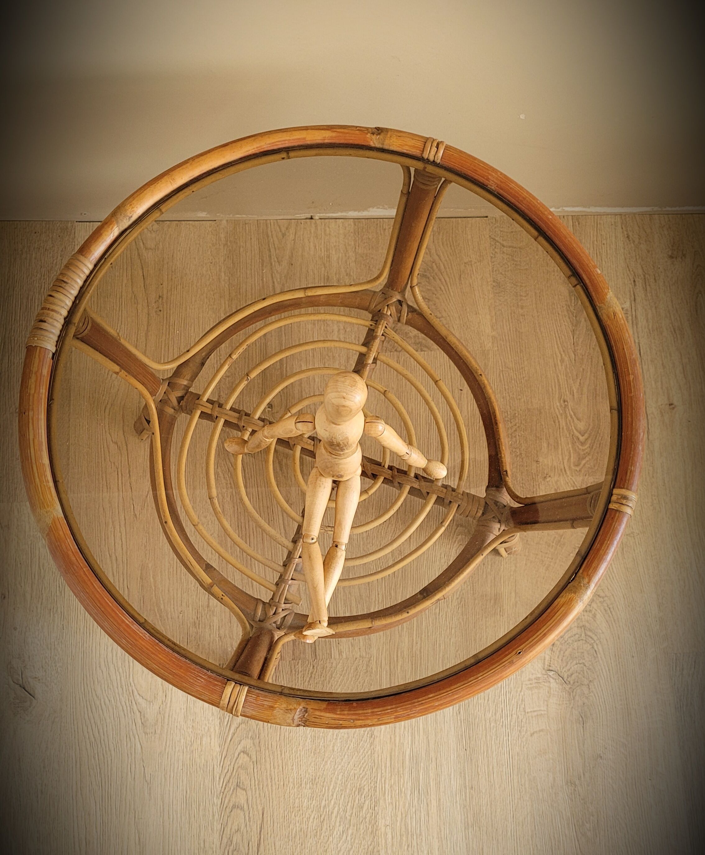 Light rattan lounge table and smoked glass