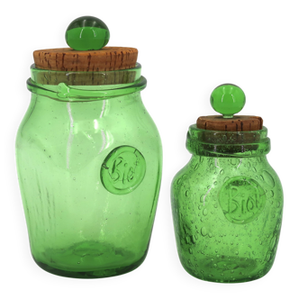 Two green bubble glass sweet jars from Biot, 1960s.