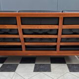 Teak and Black Leather 32 seat sofa by HS Denmark 1970s